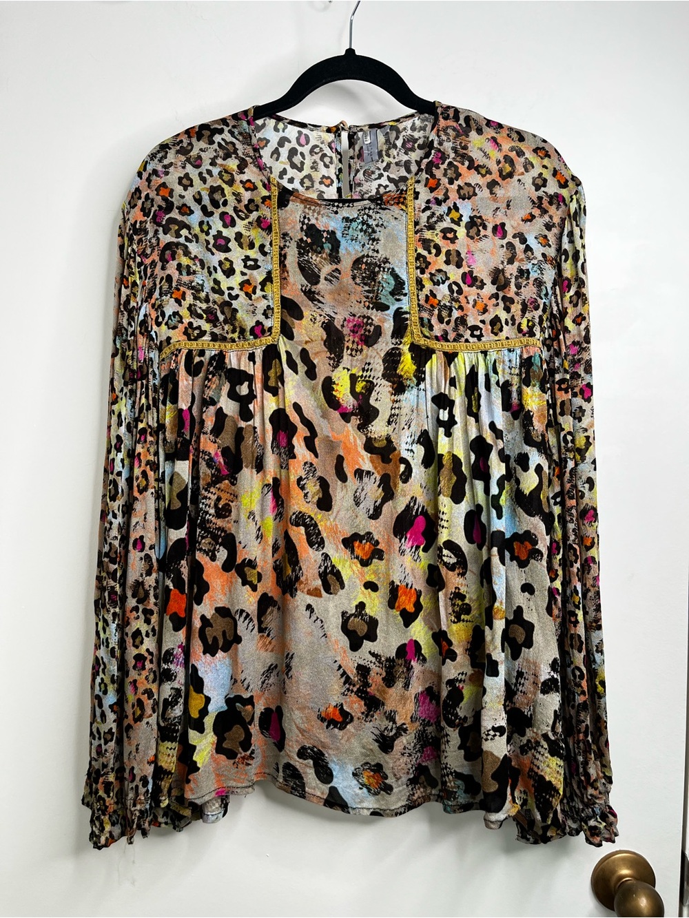 ANTHROPOLOGIE Bl^nk London Joelle Leopard Peasant Bohemian Crepe Blouse XL Top